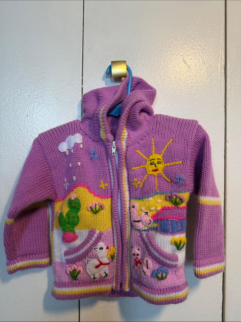 Girls' Purple Hooded Knit Zip Sweater with Sunny Animal Appliqués